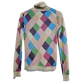 Miu Miu Multicolored diamond-pattern sweater with high collar Multiple colors Golden