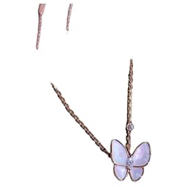 Van Cleef & Arpels Two Butterfly Mother of Pearl and Diamond Necklace Pink Gold Golden