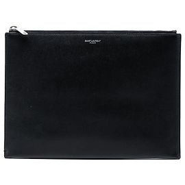Saint Laurent Black Grained Leather Zip Clutch Black