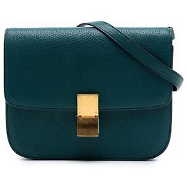 Céline Celine Verde Médio Caixa Clássica em Couro de Cabra Verde Verde escuro