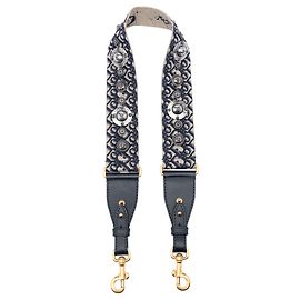 Cinghia a spalla in tela ricamata Dior Blue Oblique con borchie Blu Blu navy