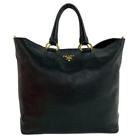 Prada Logo Hardware Leather 2-Way Handbag Black
