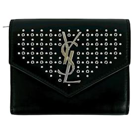 Yves Saint Laurent Logo Studded Leather Bi-fold Mini Wallet Black
