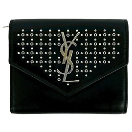Portafoglio Mini Bi-fold in Pelle con Borchie e Logo Yves Saint Laurent Nero