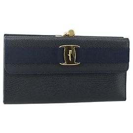 Portafoglio lungo in pelle Salvatore Ferragamo Vala blu navy oro Auth 176115A D'oro Blu navy