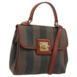 FENDI Pecan Canvas Handtasche PVC 2-Wege Schwarz Braun Auth kk661A Braun Schwarz