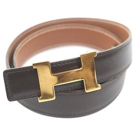 Cinto de couro com fivela dourada H da era Margiela vintage da Hermès Castanho escuro