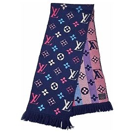 Cachecol de lã e seda Logomania com franjas Louis Vuitton Multicor Azul marinho
