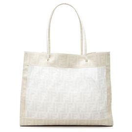 Fendi White Coated Canvas Trimmed Zucca Mesh Tote White