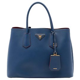 Prada Sac à main double moyen en cuir Saffiano bleu Bleu