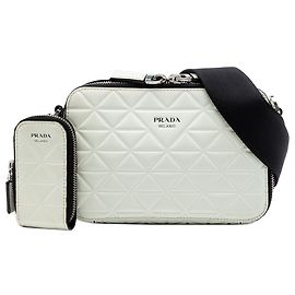 Prada Pequena Bolsa Transversal em Couro Spazzolato Branco Embossado Brique Branco