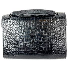 Saint Laurent Embossed Black Leather Envelope Medium Chain Shoulder Bag Black