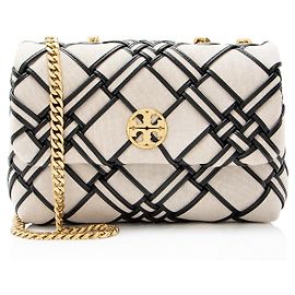 Bolsa de Ombro Kira Small em Lona Trançada e Couro Tory Burch Marrom Bege