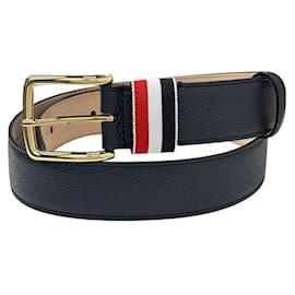 Thom Browne Pebble Leather Grosgrain Loop Classic Belt Navy Blue