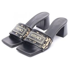 Versace Leather Fabric Mules Black Beige