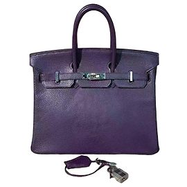 Hermès Birkin 25 Azul Marino de cuero de cabra cierre plata Morado oscuro