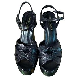 Yves Saint Laurent Black Leather Bow Tie Platform Sandals Black