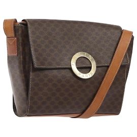 Céline Bolsa de Ombro Celine Vintage Macadam com Logo Circular em Lona e Couro Marrom