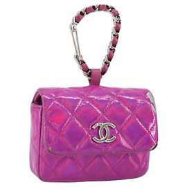 CHANEL Pochettte Matelassée avec Mousqueton Cuir Verni Rose Argent CC Auth YKZ1380A Argenté Rose