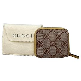 Vintage Gucci GG Monogram Canvas Leather Zip Purse Beige Brown Beige