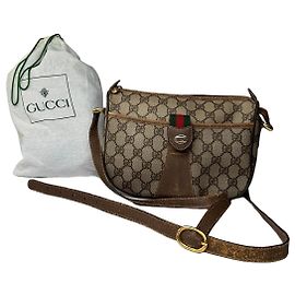 Bolsa transversal em lona e couro Gucci GG Monogram Vintage com faixa web bege e marrom Bege