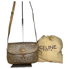 Céline Vintage Celine Paris C Macadam Monogram Coated Canvas Shoulder Bag Beige Brown Dark red