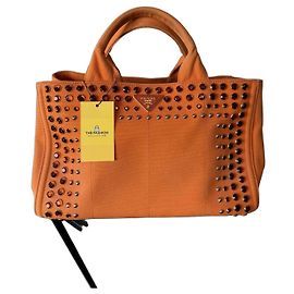 Bolsa Tote Prada Canapa Laranja de Lona com Cristais Laranja
