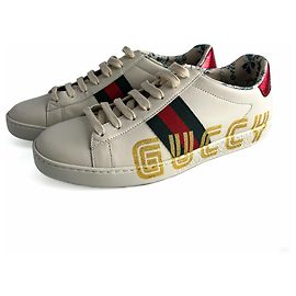 Gucci Baskets Rayées en Cuir avec Logo Ace Maxi 37.5 Blanc Blanc