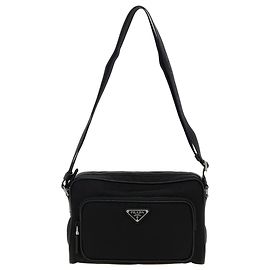 Prada Borsa a spalla media in nylon e pelle Saffiano Vooo Nero