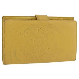 CHANEL COCO Cartera Larga Mark Piel Caviar Oro Amarillo CC Auth BA12318 Dorado Amarillo