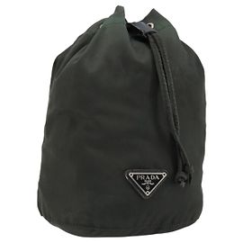 PRADA Drawstring Pouch Nylon Khaki Silver Auth bs34644 Silvery Khaki