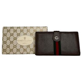 Vintage Gucci Web Stripe Leather Long Wallet Brown Brown