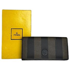 Vintage Fendi Pequin Stripe Coated Canvas Long Wallet Brown Black Brown