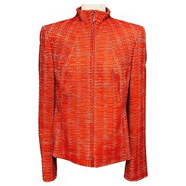 Akris Red / Beige Woven Ribbon Zip Front Jacket Red