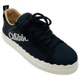 Chloé Chloe Black / Silver Metallic Logo Embroidered Suede Trimmed Canvas Low Top Lauren Sneakers Black