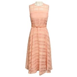 Akris Vestido midi em organza de algodão rosa claro ajustado e evasê com cinto Rosa