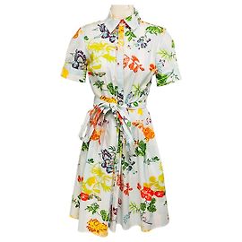 Carolina Herrera Vestido midi de algodão stretch com mangas curtas, estampado floral listrado azul claro / branco com cinto Multicor