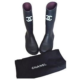 Chanel Black Rubber CC Logo Rain Boots Black