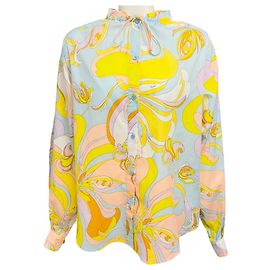 Emilio Pucci Pastel Multi Tie Neck Pucci Print Button Front Silk Blouse Multiple colors