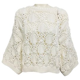 Weißer Baumwoll-Crochet-Strickpullover von Brunello Cucinelli Weiß