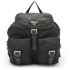 Prada Vintage Black Nylon Double Pocket Backpack Shoulder Bag Black