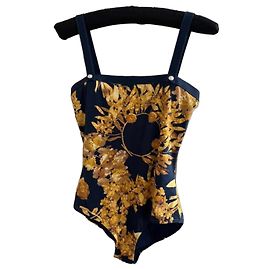 Maiô de flores azul marinho e dourado Chanel Dourado Azul escuro