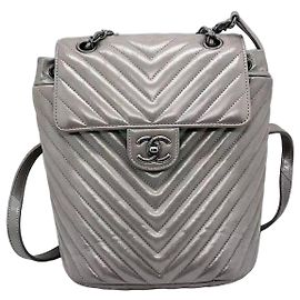 Chanel Salzburg V-Striped Metallic Leather Backpack Grey Grey