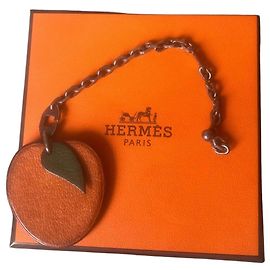 Hermès L'Orange Leather Bag Charm Silver Chain Orange