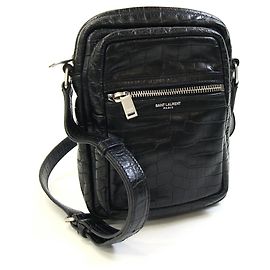 Saint Laurent Black Embossed Leather Shoulder Bag Black