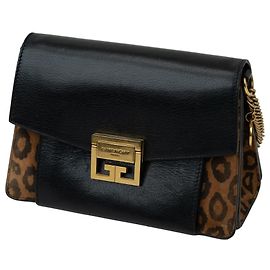 Borsa a spalla piccola Givenchy GV3 in pelle nera e suede leopardato Marrone Blu navy