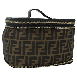 FENDI Zucca Canvas Vanity Hand Bag Brown Black Auth 176697 Brown Black