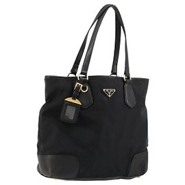 PRADA Tote Bag Nylon Leather Black Gold Auth am11435 Black Golden