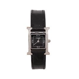 HERMÈS - Relógio Heure H Double Jeu 25mm Hermès em couro exótico de crocodilo preto e diamantes Preto
