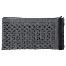 GUCCI - Dark Grey Wool GG Patterned Gucci Scarf Grey